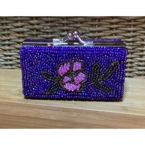 Beaded Coin Purse Far Nine Floral Blue & Pink Mini Lipstick Case Vintage